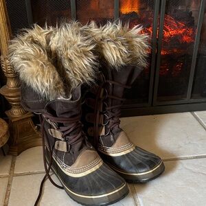 Women's Sorel Joan of Arctic Fur-Lined Winter Boots Dark Brown Size 11 EUC